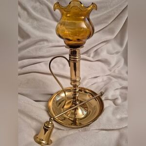 Amber Glass and Brass Candle Holder/Candle Snuffer -Antiqued Brass